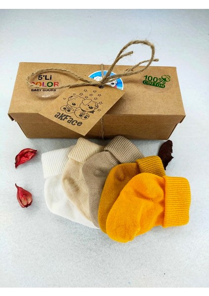 Pastel Renkler 5'li Organik Kutulu Yıkanmış Yenidoğan ve Bebek Çorabı 0-2 Yaş