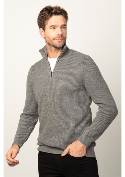 Erkek Slim Fit Dar Kesim Fermuarlı Gri Dik Yaka Triko Kazak fiyatları