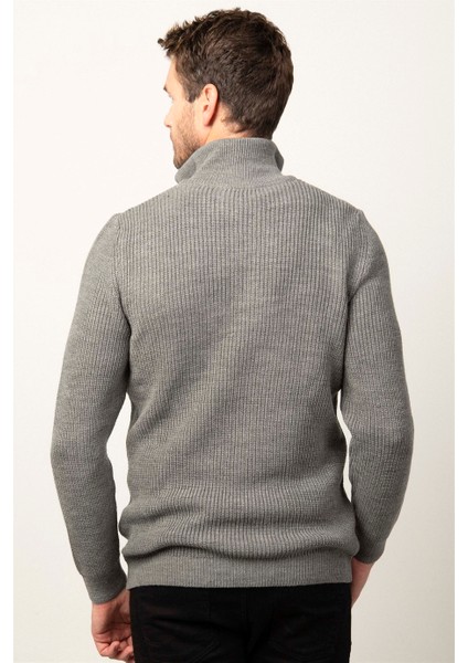 Erkek Slim Fit Dar Kesim Fermuarlı Gri Dik Yaka Triko Kazak fırsatları
