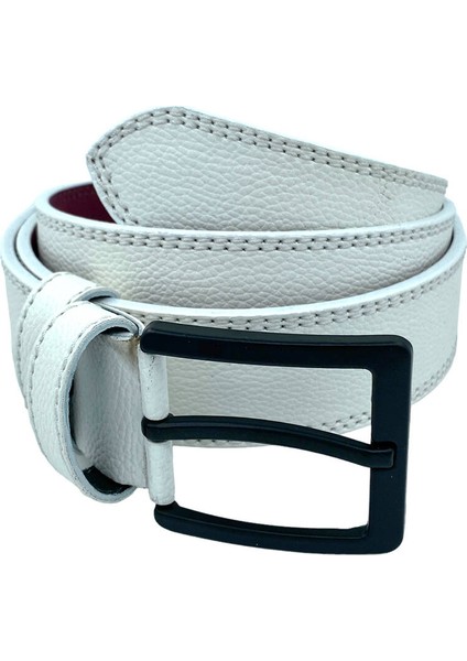 Beyaz Suni Deri Çift Dikişli Damar Desenli Model 4 Cm.lik Spor Kemer - 9016-11 modelleri