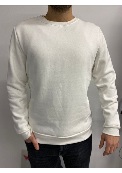 Estrella Erkek Basic Beyaz Üç Iplik Kalın Düz Renk Sweatshirt