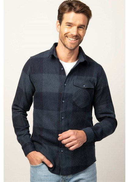 Slim Fit Kışlık Oduncu Ekoseli Tek Cep Kapaklı Erkek Gömlek DR230018-910