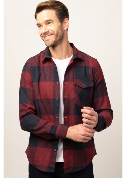 Slim Fit Kışlık Oduncu Ekoseli Tek Cep Kapaklı Erkek Gömlek DR230018-600