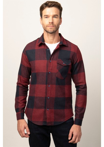 Slim Fit Kışlık Oduncu Ekoseli Tek Cep Kapaklı Erkek Gömlek DR230018-600 fiyatları