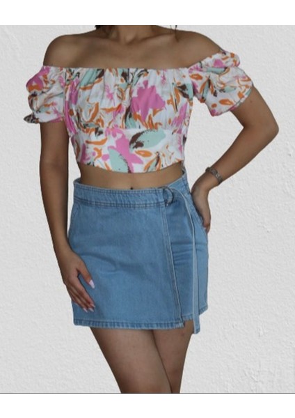 Twin Collectıon Balon Kollu Omuz Dekolteli Saykodelik Desenli Crop Top