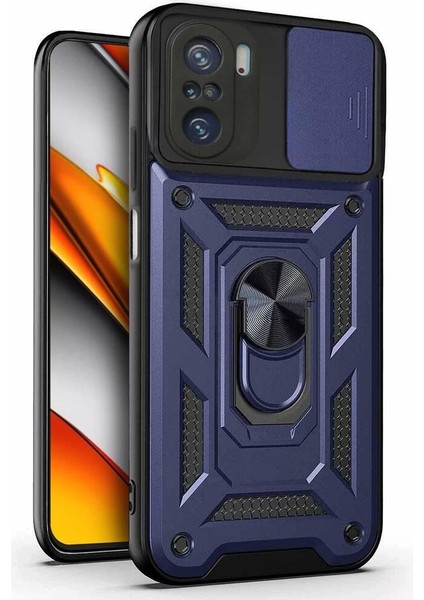 Xiaomi Poco F3 Kılıf Yüzüklü Standlı Kamera Korumalı Pars + Ekran Koruyucu