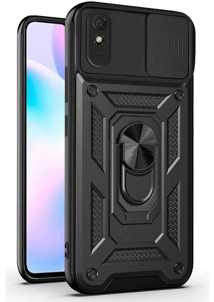 Xiaomi Redmi 9A Kılıf Yüzüklü Standlı Kamera Korumalı Pars + Ekran Koruyucu