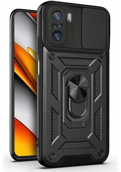 Xiaomi Poco F3 Kılıf Yüzüklü Standlı Kamera Korumalı Pars + Ekran Koruyucu