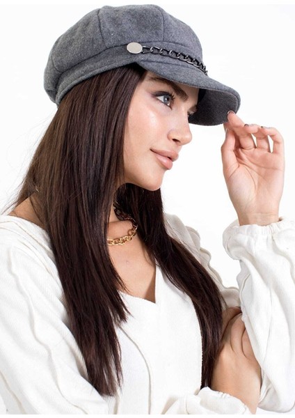 Kadın Kışlık Şapka Zincir Aksesuarlı Kaşe Kumaş Baretta Model modelleri
