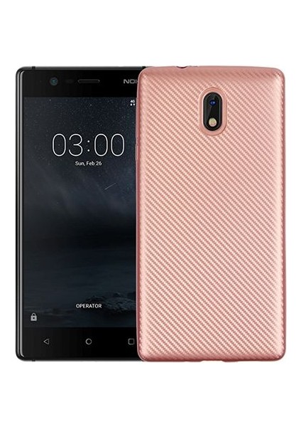 Nokia 3 Carbon Desen Arka Kapak Rose Gold