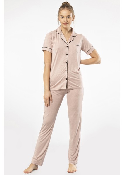Kadın Düz Kısa Kollu Gömlek Yaka Pijama Takım