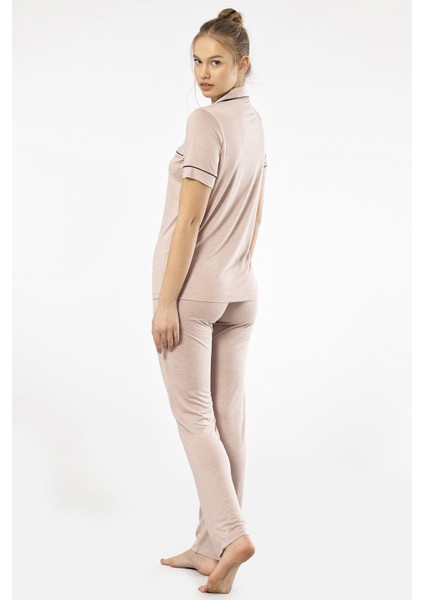 Kadın Düz Kısa Kollu Gömlek Yaka Pijama Takım modelleri