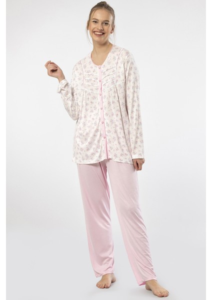 Kadın Empirme Düğmeli Battal Uzun Kollu Pijama Takım