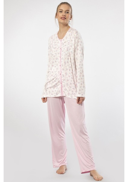 Kadın Empirme Düğmeli Battal Uzun Kollu Pijama Takım modelleri