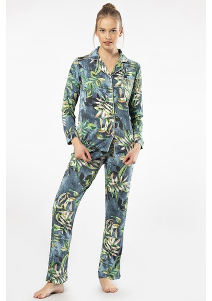 Kadın Yapraklı Uzun Kollu Gömlek Yaka Pijama Takım