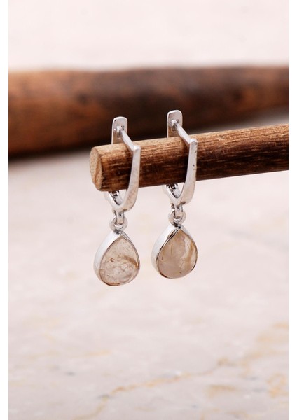 Doğal Sarı Rutil Kuvars Taşlı Damla Mini Rodyumlu Gümüş Küpe 5858