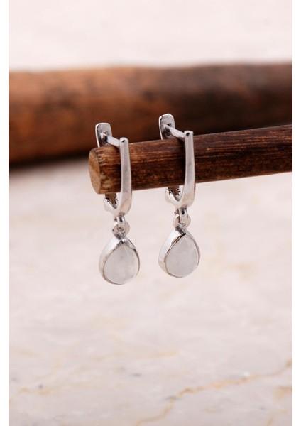 Doğal Ay Taşlı Damla Mini Rodyumlu Gümüş Küpe 5864