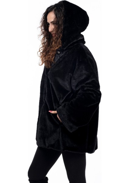 Kadın Kapüşonlu Siyah Kürk Kaban fırsatları