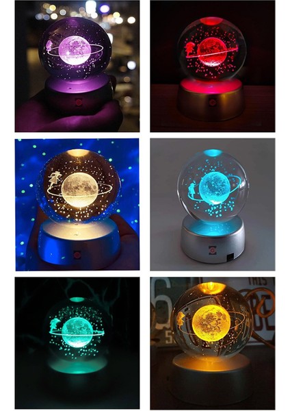 Hediye Kutusunda Satürn Temalı Işıklı 3D LED Işıklı Cam Küre Kartanesi Kolye