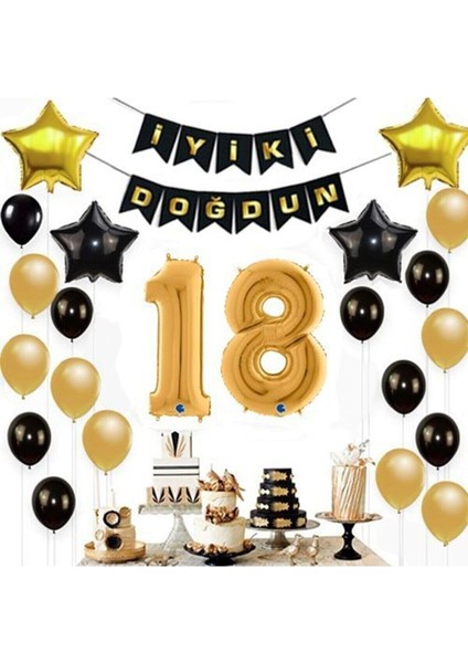 18 Yaş Doğum Günü Süsleri Seti Gold Siyah