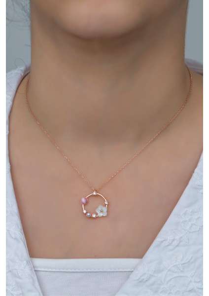 925 Ayar Gümüş Pembe Taşlı Daire Manolya Çiçeği Kolye fiyatları