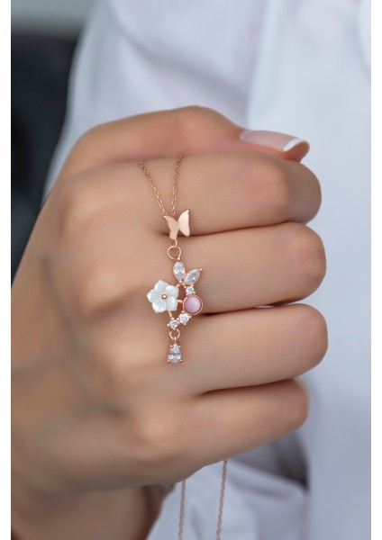 925 Ayar Gümüş Pembe Taşlı Kelebek Manolya Çiçeği Kolye