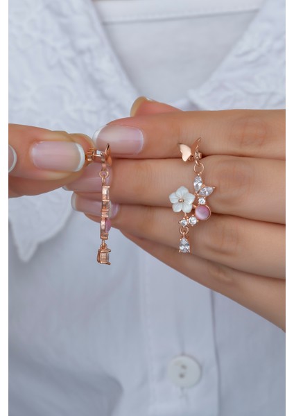 925 Ayar Gümüş Pembe Taşlı Kelebek Manolya Çiçeği Küpe