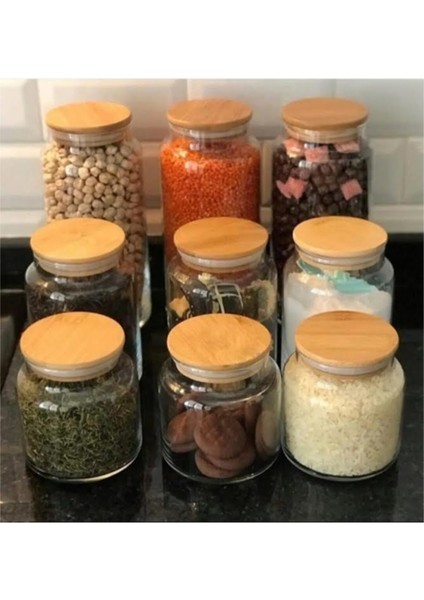 9'lu Bambu Kapaklı Vakumlu Cam Kavanoz Saklama Kabı Seti (1300ML-800ML-500ML) 3 Boy