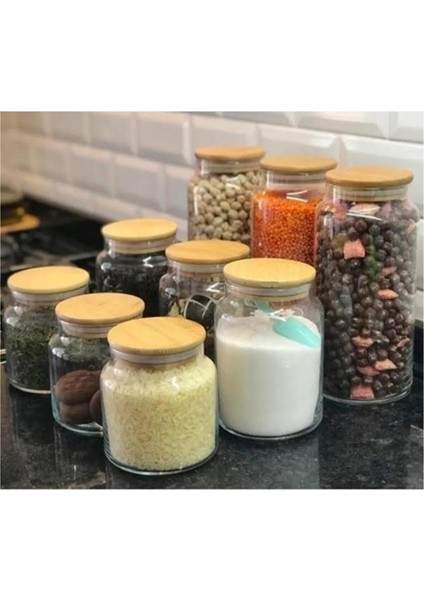 9'lu Bambu Kapaklı Vakumlu Cam Kavanoz Saklama Kabı Seti (1300ML-800ML-500ML) 3 Boy