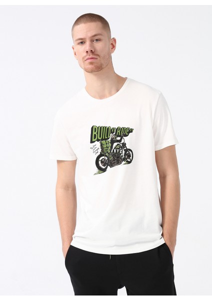 Bisiklet Yaka Baskılı Koyu Beyaz Erkek T-Shirt Rider