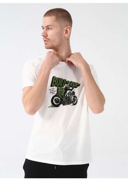Bisiklet Yaka Baskılı Koyu Beyaz Erkek T-Shirt Rider modelleri