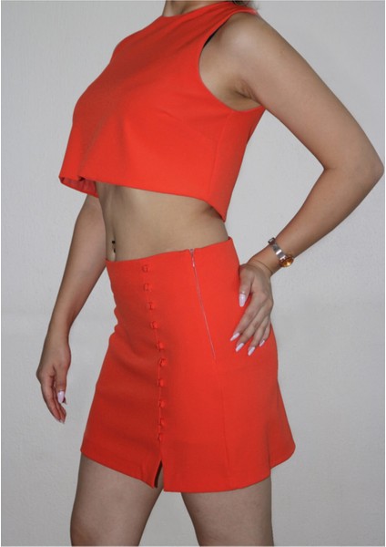 Twin Collectıon Düğmeli Crop Top Nar Çiçeği Takım