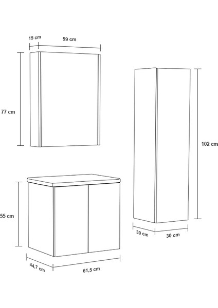 Trio Modül Asmira Banyo Dolabı - 60 cm - 3'lü Set - Siyah