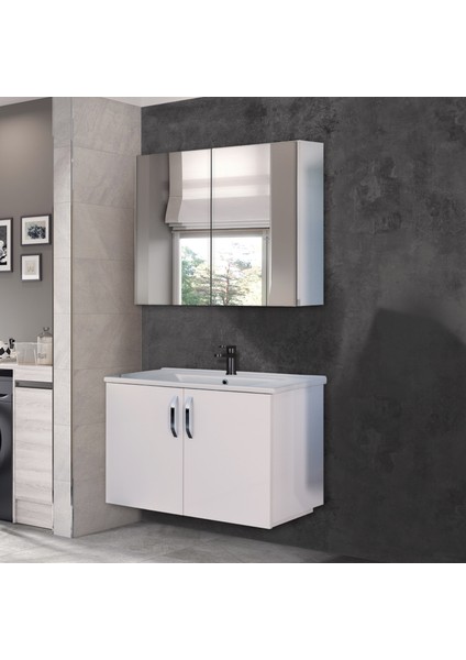 Asmira Banyo Dolabı - 82 cm - 2'li Set - MdfLam Kapak Beyaz