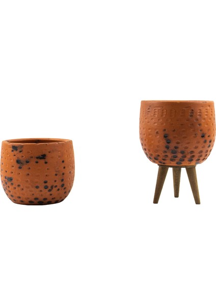 Ev Dekorasyon Siyah Nokta Desenli Terakota Toprak Saksı Saksılık Salon Çiçeklik İkili Set Ayaksız, 3 Ayaklı 12 Cm