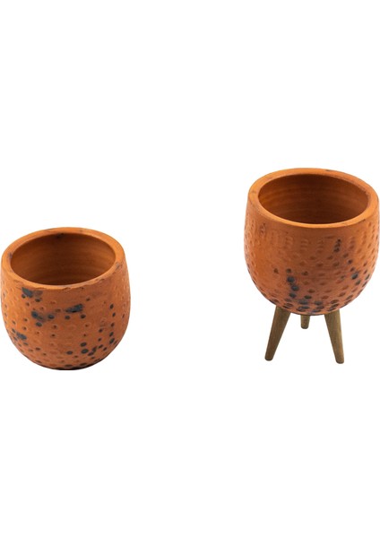 Ev Dekorasyon Siyah Nokta Desenli Terakota Toprak Saksı Saksılık Salon Çiçeklik İkili Set Ayaksız, 3 Ayaklı 12 Cm