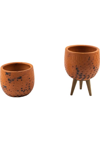 Ev Dekorasyon Siyah Nokta Desenli Terakota Toprak Saksı Saksılık Salon Çiçeklik İkili Set Ayaksız, 3 Ayaklı 12 Cm