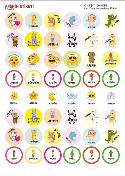 Sevimli Hayvanlar Kedi Köpek Emoji Ödev Etiket Sticker Öğretmen Aferin Harikasın Etiketleri 96 Adet