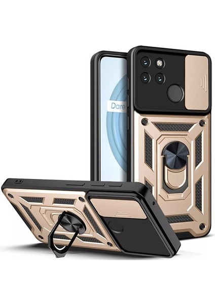 Realme C21Y Kılıf Yüzüklü Stanlı Kamera Korumalı Pars + Ekran Koruyucu