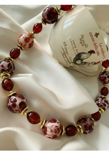Vintage Bordo Leopar Tasarım Kolye