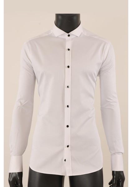 Uzun Kol Slim Fit Damatlık Beyaz Gömlek