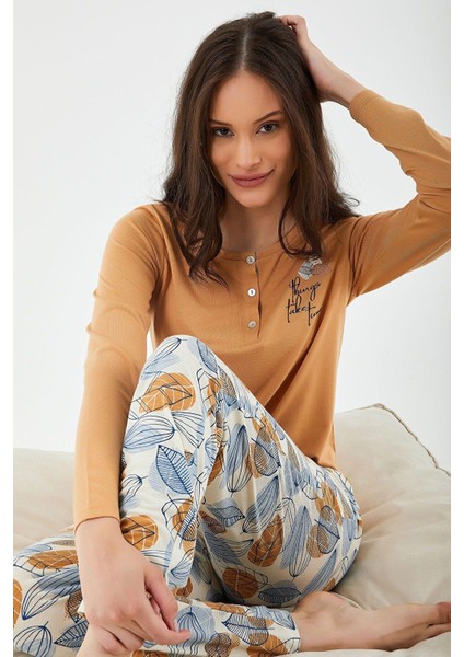 8425 Good Things Take Time Camel Kadın Uzun Kol Pijama Takım fiyatları