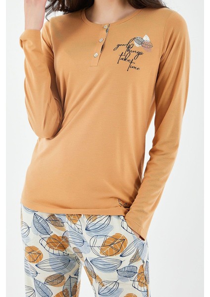 8425 Good Things Take Time Camel Kadın Uzun Kol Pijama Takım fırsatları