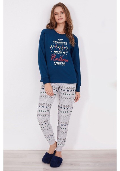2917 My Favorite Color Is Northern Nights Lacivert Kadın Uzun Kol Pijama Takım