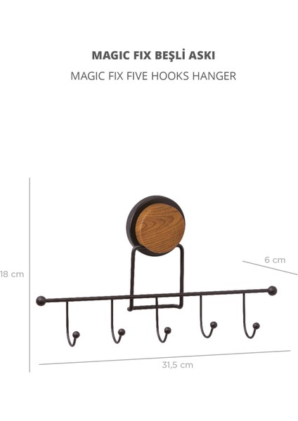 Ahşap Desenli Magic Fix Sihirli Yapışkan Siyah 5'li Askı