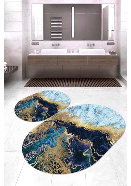 Dijital Baskılı Kaymaz Taban Yıkanabilir Oval 2'li Klozet Takımı Banyo Paspası NOKZ-HT-1386