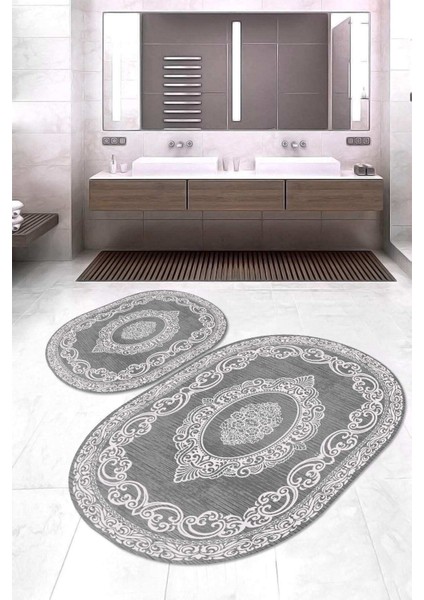 Dijital Baskılı Kaymaz Taban Yıkanabilir Oval 2'li Klozet Takımı Banyo Paspası NOKZ-HT-1483