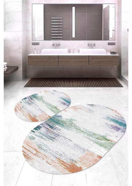 Dijital Baskılı Kaymaz Taban Yıkanabilir Oval 2'li Klozet Takımı Banyo Paspası NOKZ-HS-382