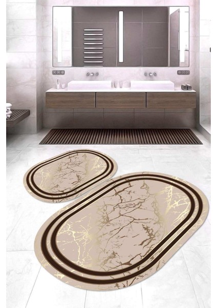 Dijital Baskılı Kaymaz Taban Yıkanabilir Oval 2'li Klozet Takımı Banyo Paspası NOKZ-HT-1093
