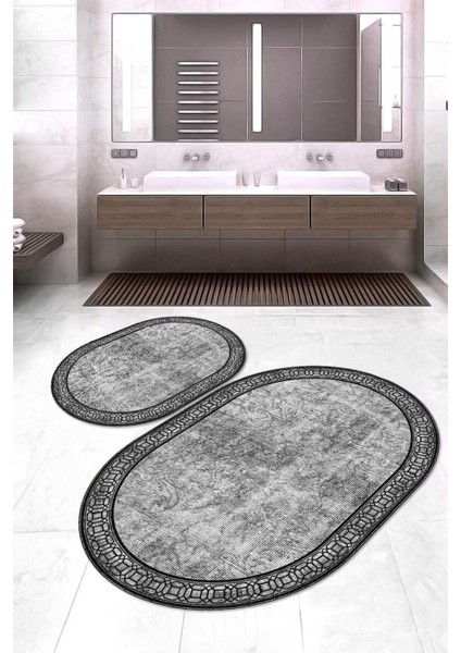 Dijital Baskılı Kaymaz Taban Yıkanabilir Oval 2'li Klozet Takımı Banyo Paspası NOKZ-HT-241